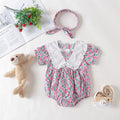 Purple floral print baby girl bodysuit with a delicate lace collar and short sleeves in cotton