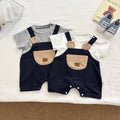 Teddy bear baby boy romper in white and grey patchwork cotton blend with short sleeves
