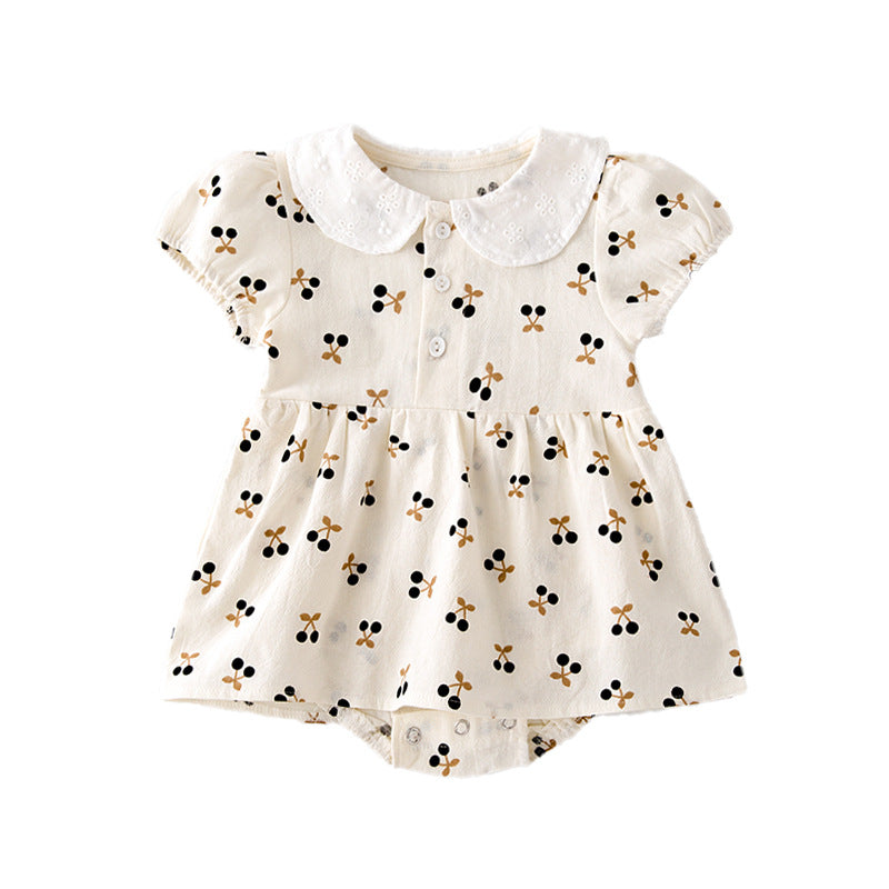 Baby girls cherry print bodysuit in apricot cotton with doll collar and puff sleeves