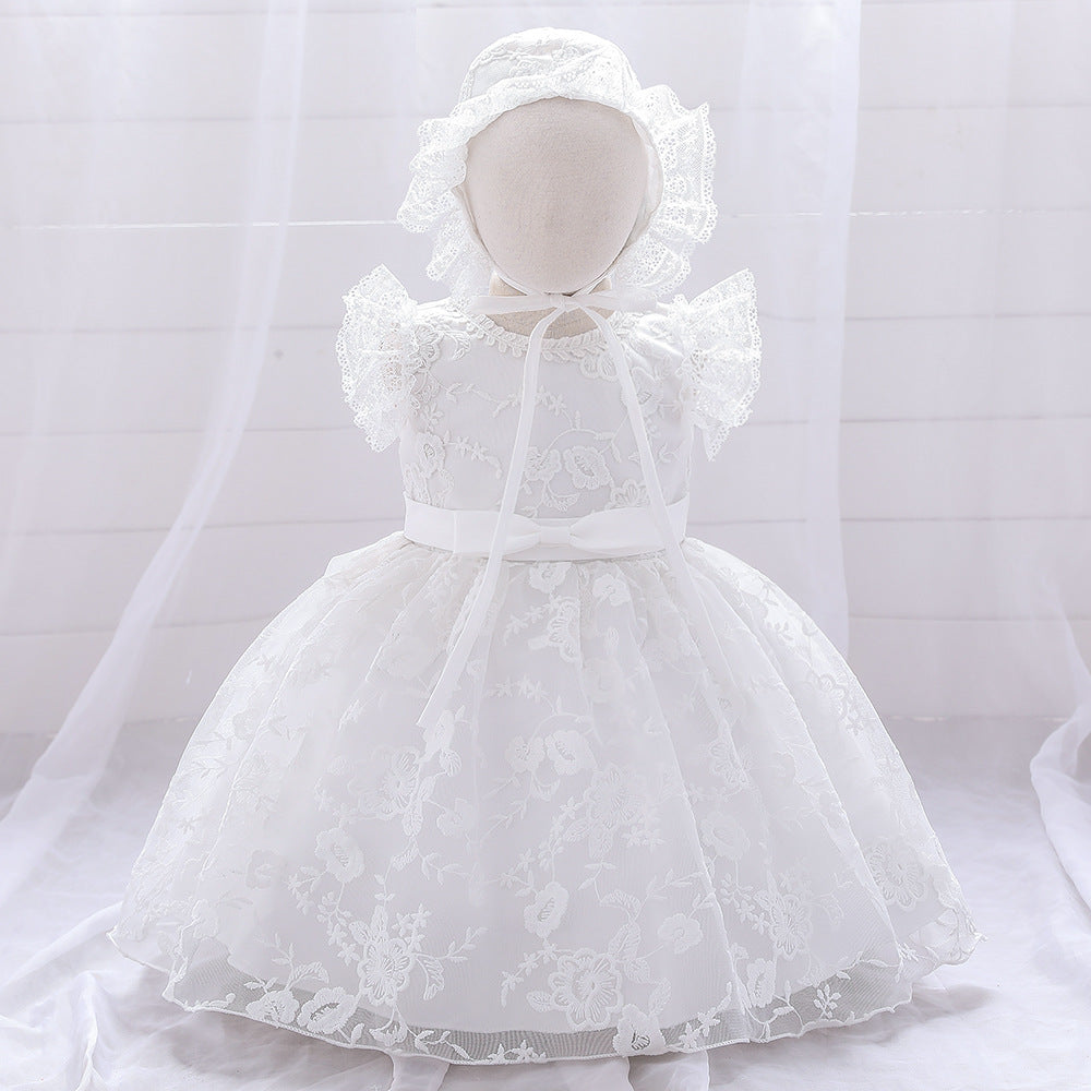 Baby girl formal dress in white or red with mesh overlay and matching hat