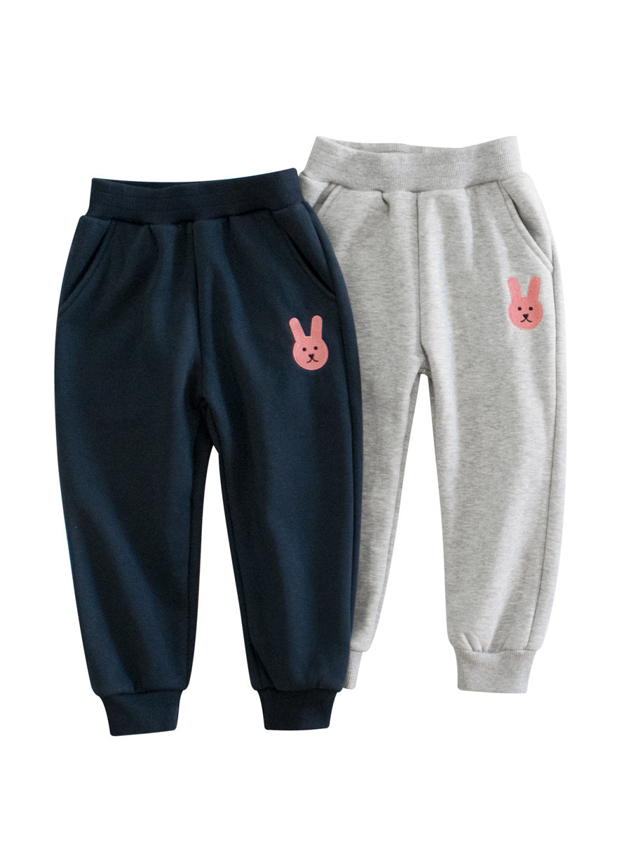 Girls winter fleece leggings in pink featuring cute cartoon rabbit and teddy bear print designs