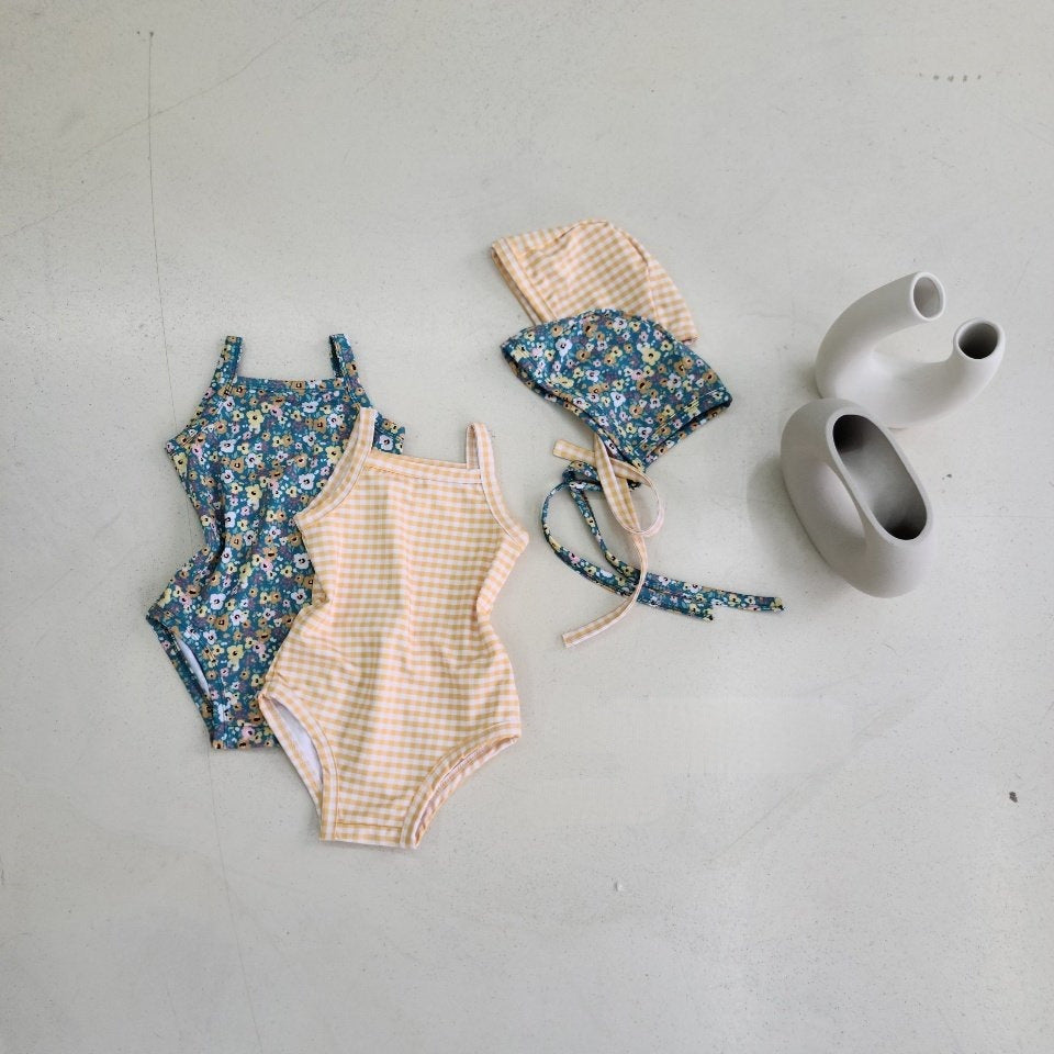 Girls two-piece plaid and floral swimwear set with matching sun hat for babies and toddlers