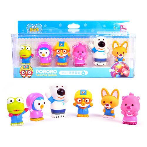 PORORO character bath toy set featuring six colorful squirting animal figures for kids water play