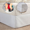 Quilted white full bed skirt with tailored corner pleats covering a standard bedroom box spring