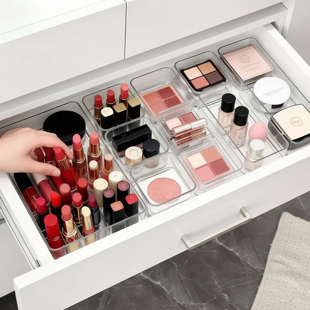 Clear acrylic drawer organizer set holding makeup and desk supplies on a vanity — view 2