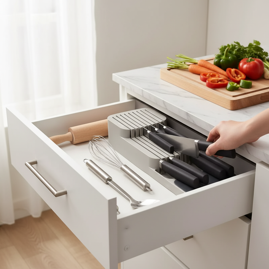 In-drawer knife storage box holding various kitchen knives and cutlery in a modern grey design