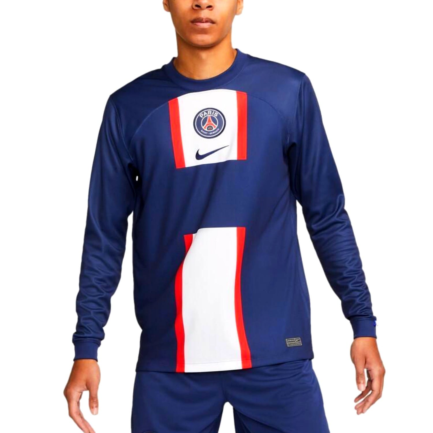 Authentic Paris Saint Germain long sleeve home soccer jersey in navy blue, white, and red — view 5