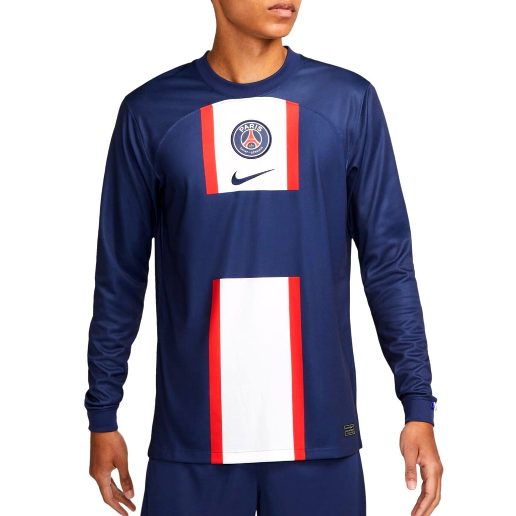 Authentic Paris Saint Germain long sleeve home soccer jersey in navy blue, white, and red