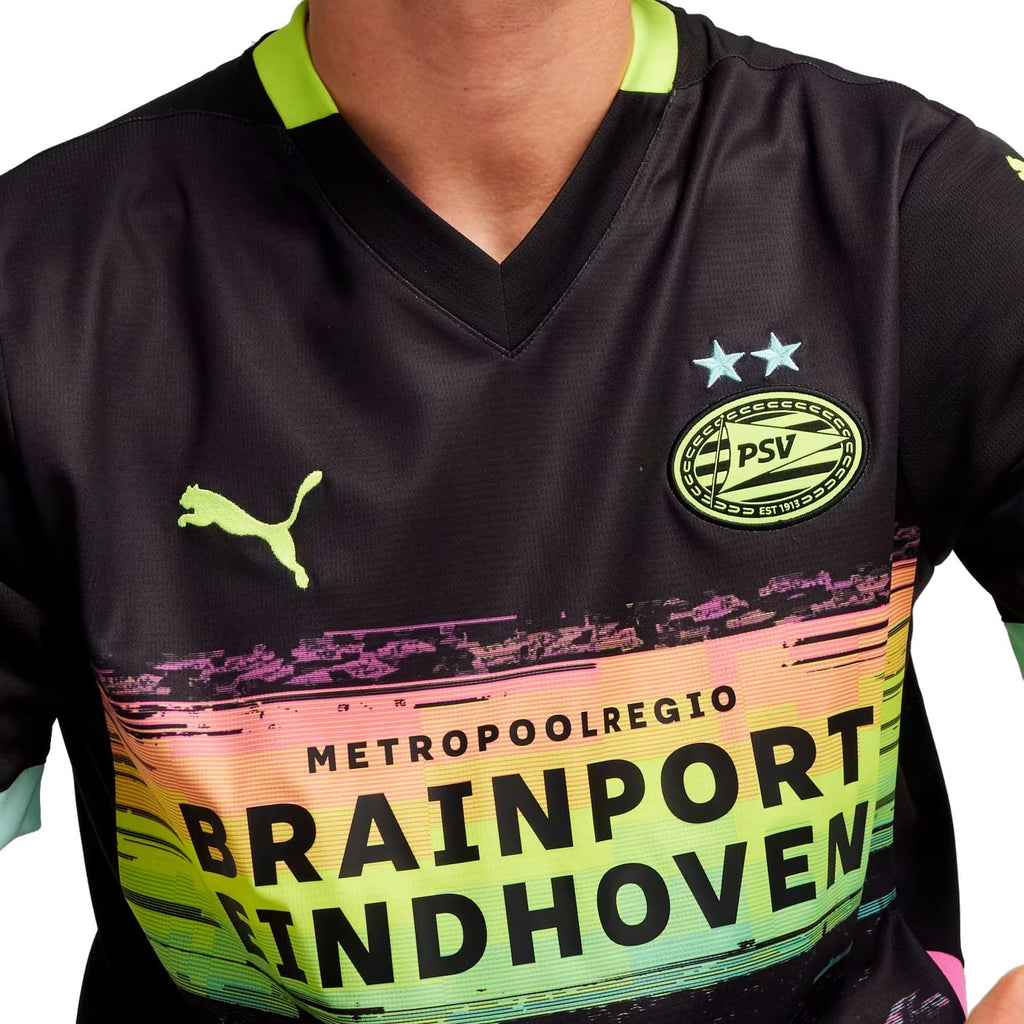 PSV Eindhoven Away soccer jersey featuring a black and multicolor short sleeve design with club crest — view 3
