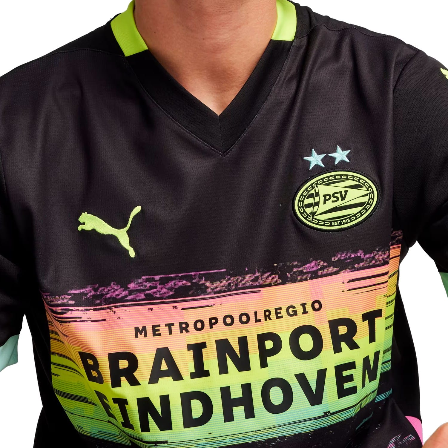PSV Eindhoven Away soccer jersey featuring a black and multicolor short sleeve design with club crest — view 3