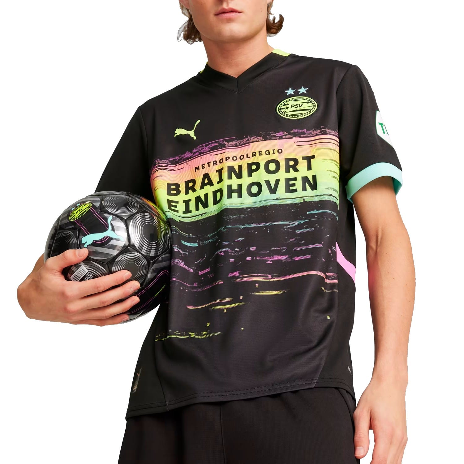 PSV Eindhoven Away soccer jersey featuring a black and multicolor short sleeve design with club crest