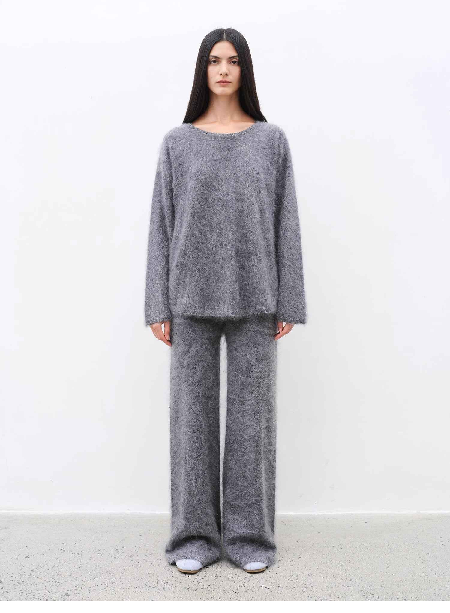 Women's purple two-piece cashmere lounge set featuring a loose crewneck sweater and wide-leg pants — view 2