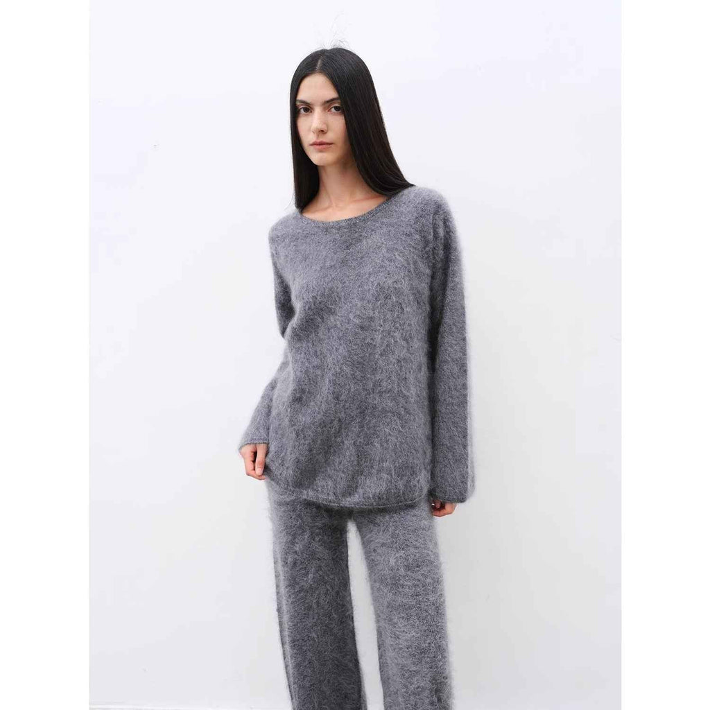 Women's purple two-piece cashmere lounge set featuring a loose crewneck sweater and wide-leg pants — view 3