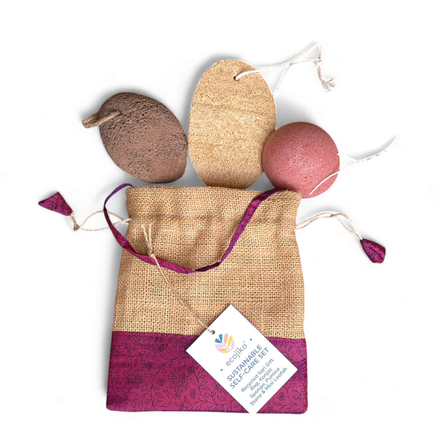 Sustainable self care beauty gift set with pumice stone, konjac sponge, loofah, and upcycled bag