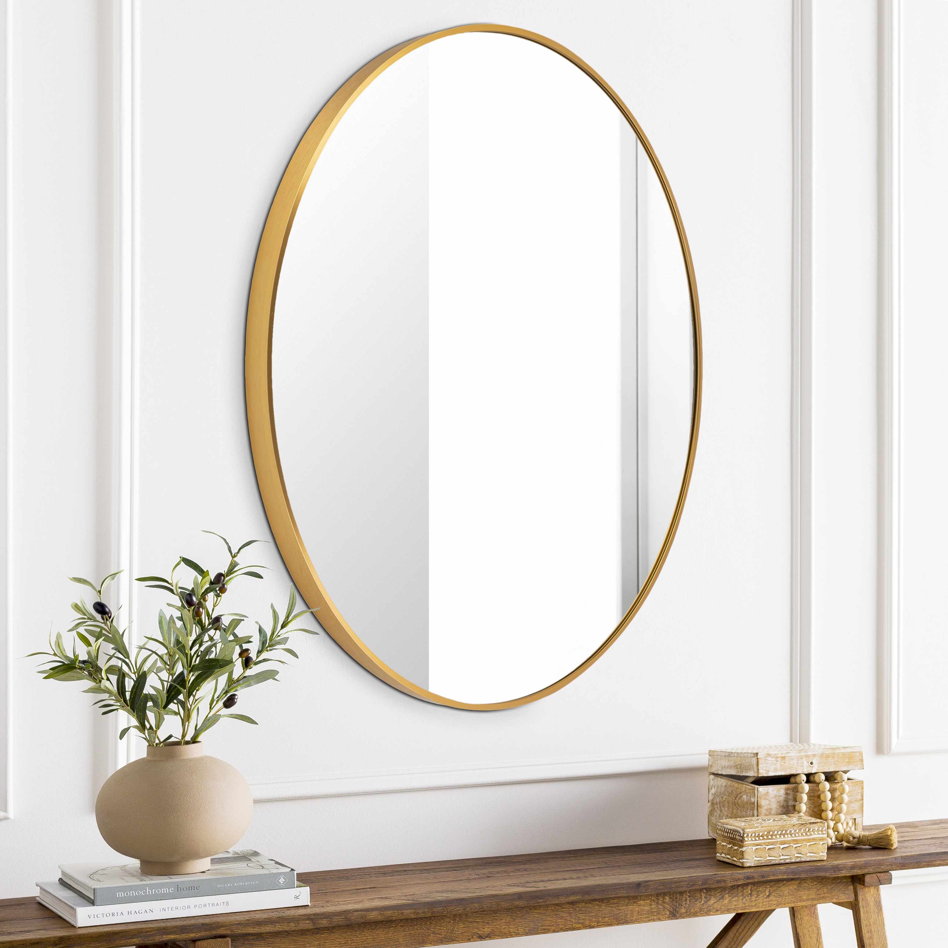 Pontalina round gold wall mirror with a contemporary aluminum frame for elegant modern home decor — view 2