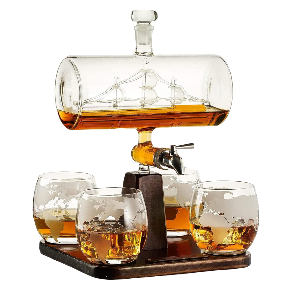 Hand-blown glass ship whiskey decanter with 1000ml capacity on a mahogany wood display base