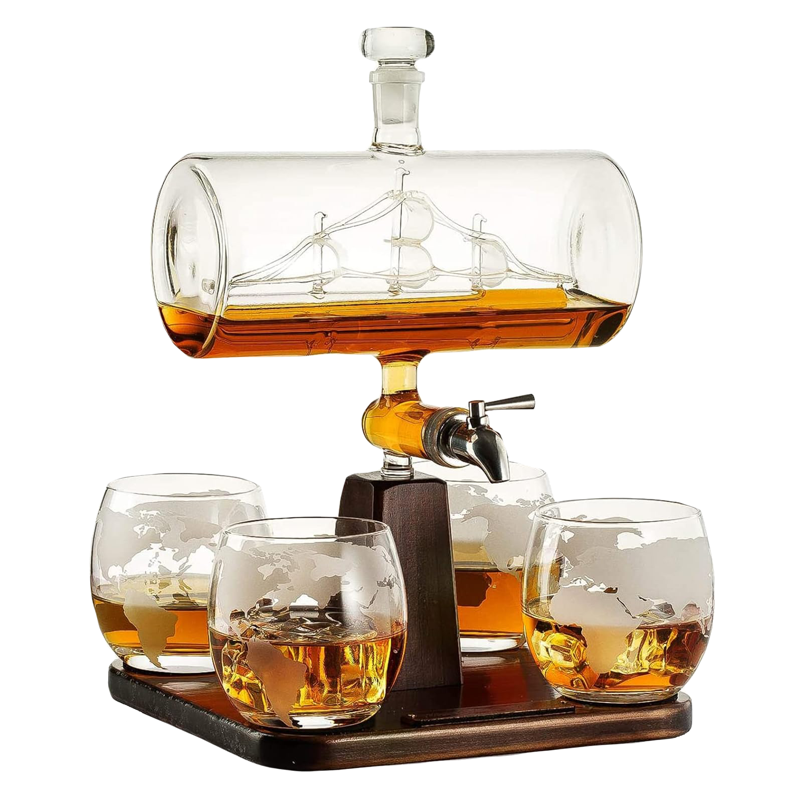 Hand-blown glass ship whiskey decanter with 1000ml capacity on a mahogany wood display base