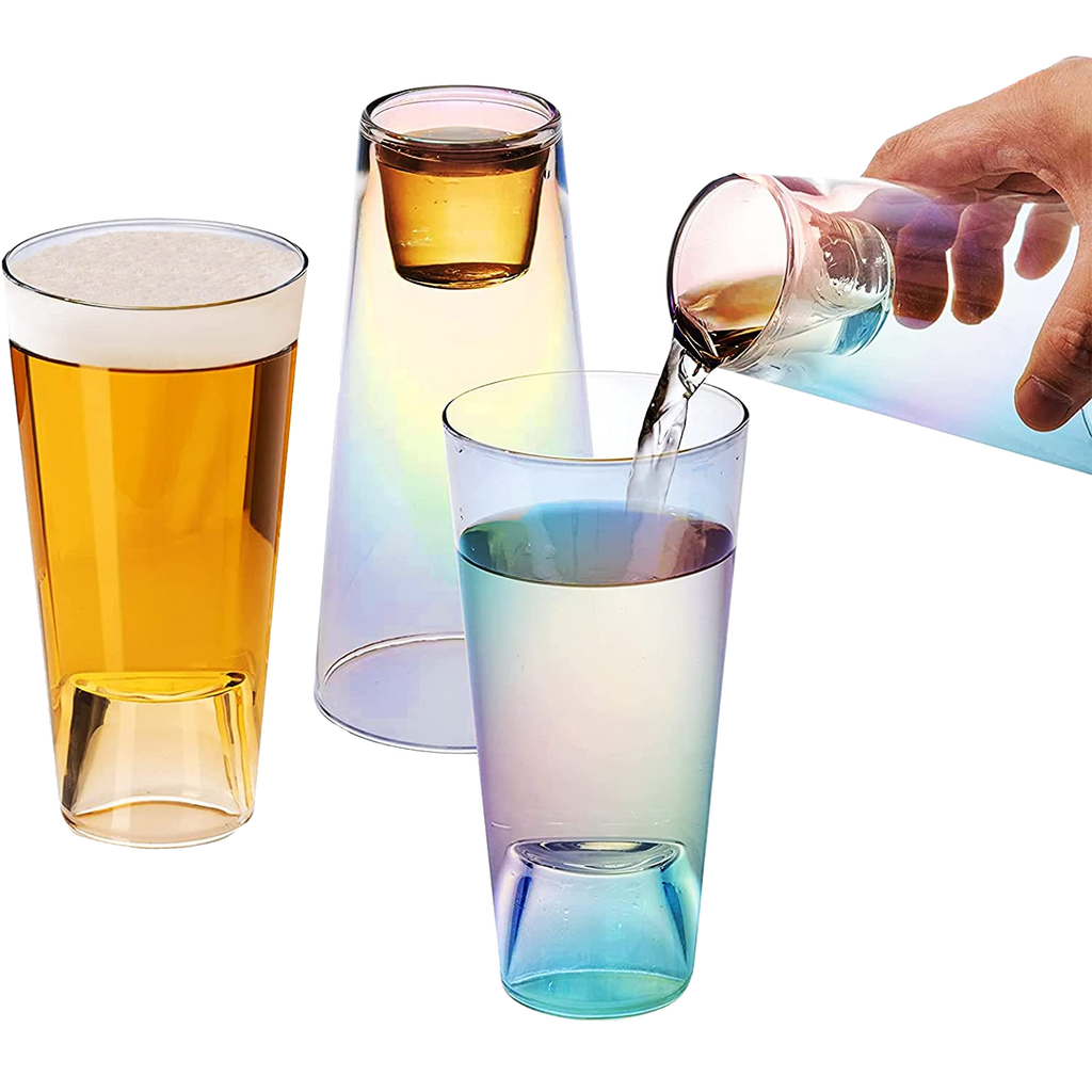 Four iridescent 2-in-1 beer pint and shot glasses crafted from high quality lead free crystal
