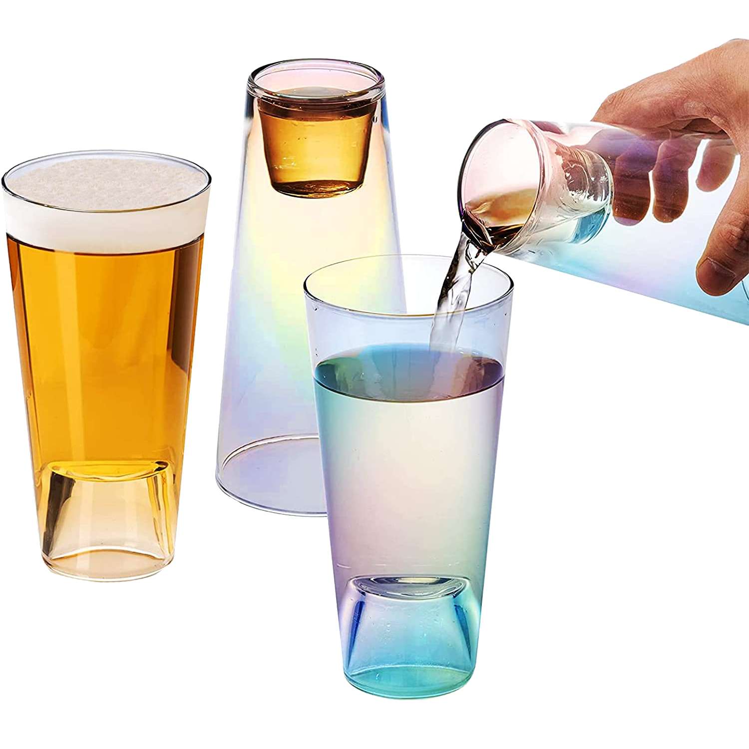 Four iridescent 2-in-1 beer pint and shot glasses crafted from high quality lead free crystal