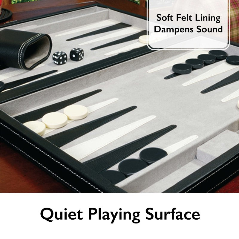 Black leatherette 15-inch travel backgammon set with felt lining, weighted pieces, and matching dice cups — view 4