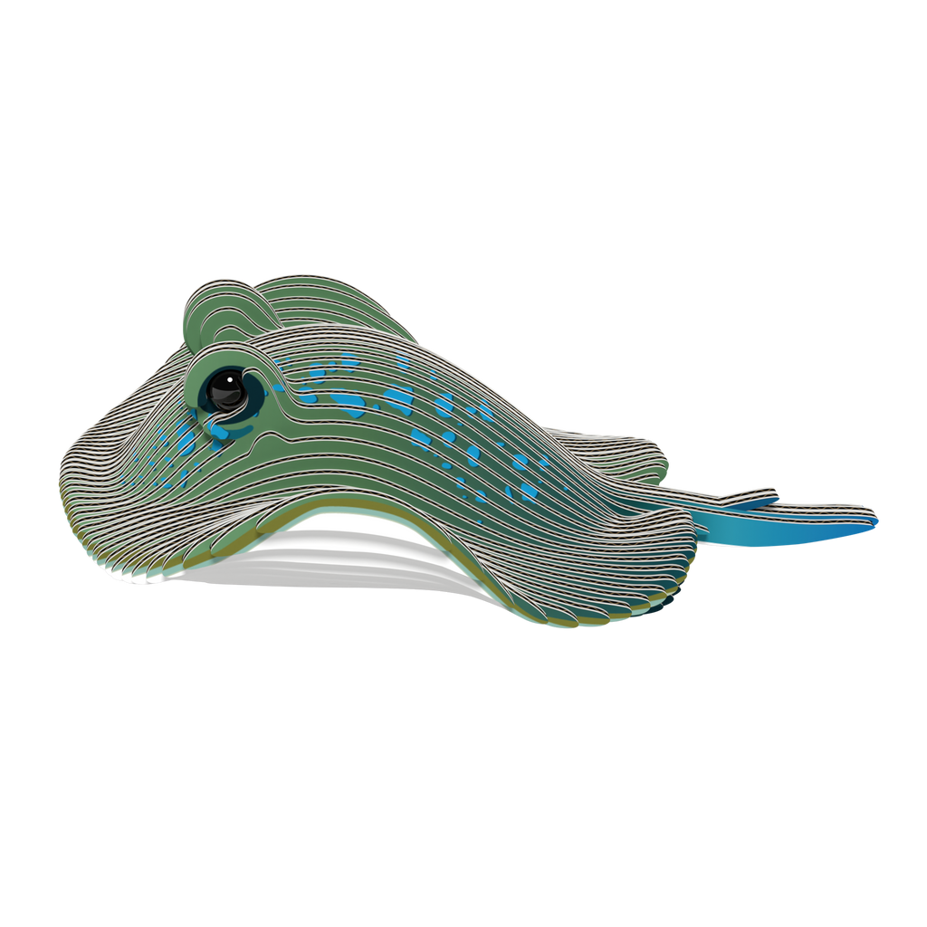 Stingray 3D puzzle built from eco-friendly biodegradable cardboard on a display stand — view 3