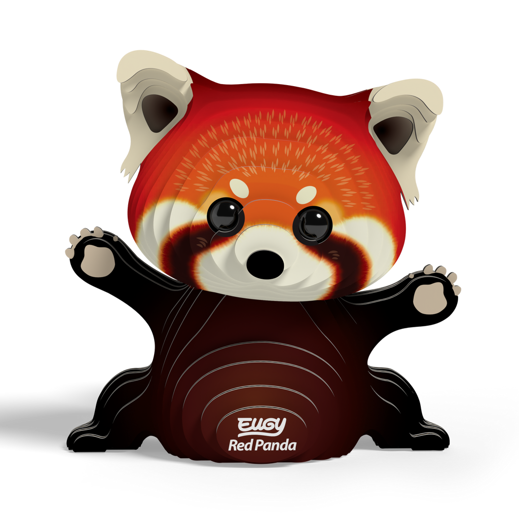 Red Panda 3D puzzle fully assembled from biodegradable cardboard, showing reddish coat and striped tail — view 2