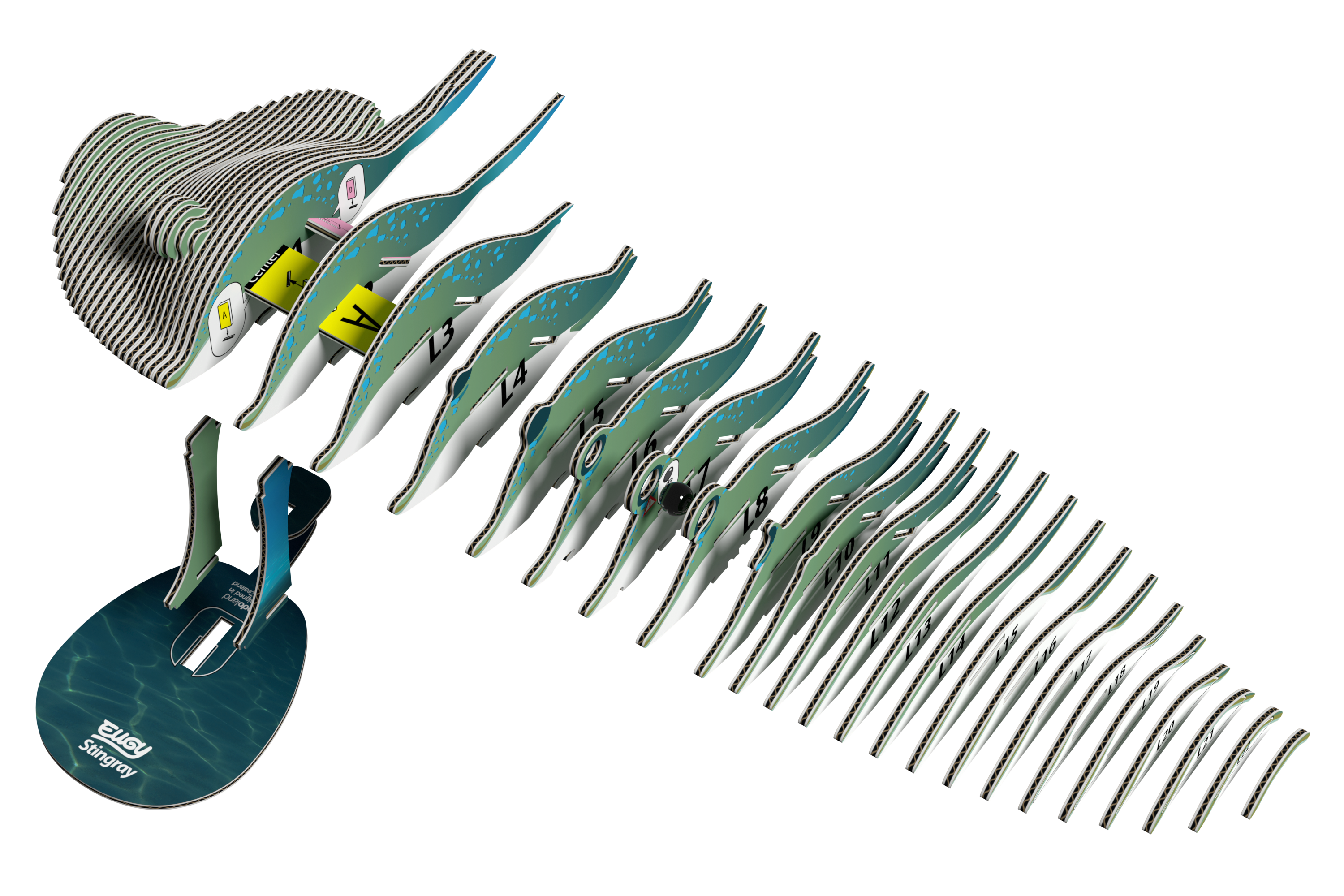 Stingray 3D puzzle built from eco-friendly biodegradable cardboard on a display stand — view 4