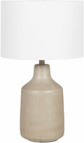 Quezon beige resin table lamp with white linen shade and elegant traditional design details