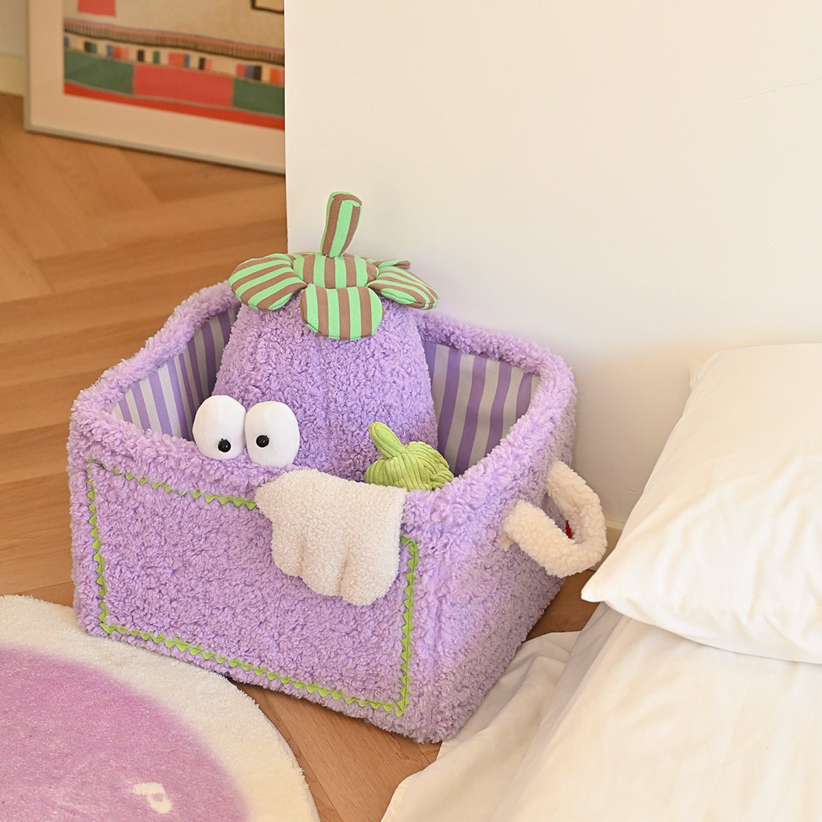 Quirky monster striped storage basket in soft velvet, perfect for organizing kids playroom toys. — view 5