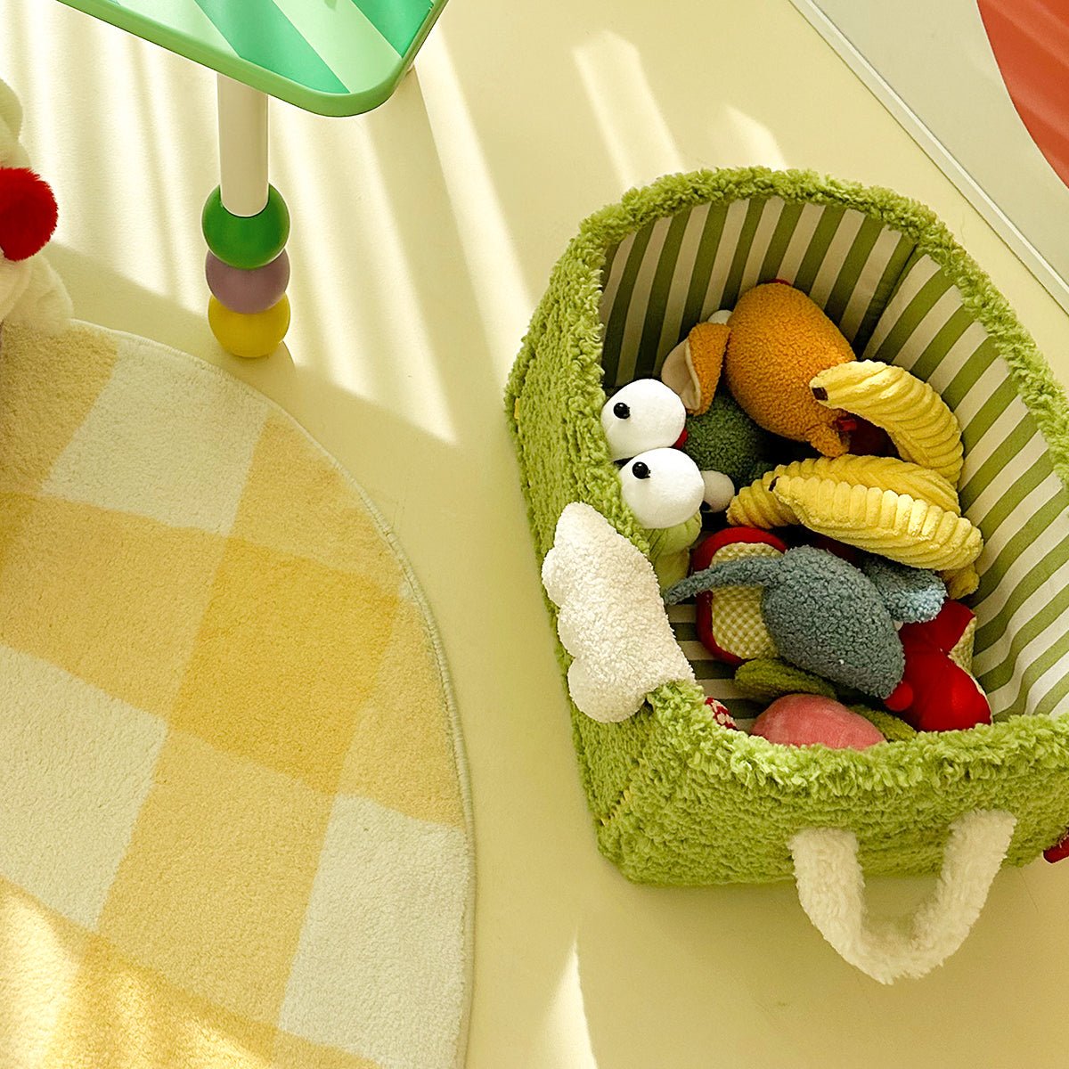 Quirky monster striped storage basket in soft velvet, perfect for organizing kids playroom toys. — view 3