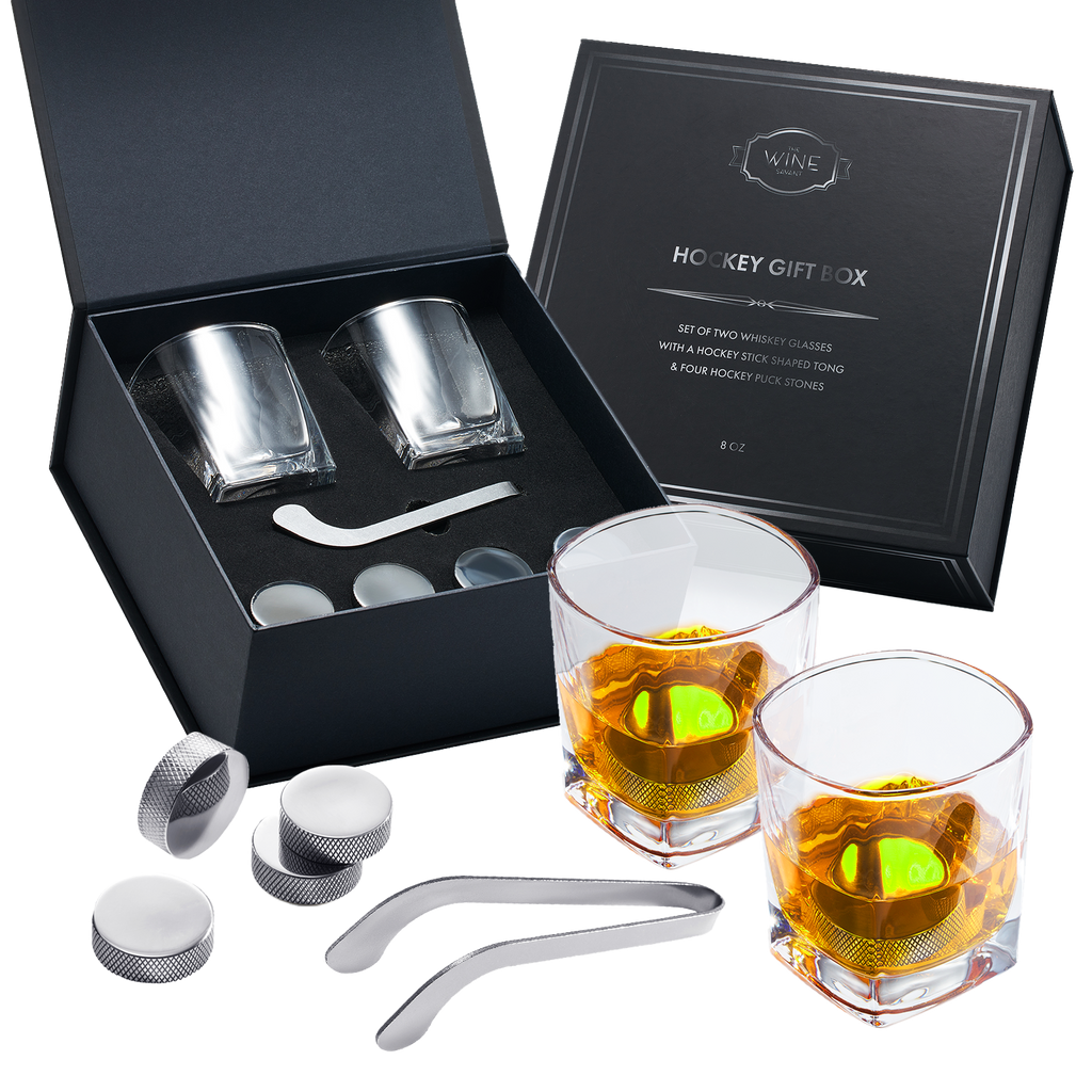 7-piece stainless steel hockey puck whiskey stones set with glasses and stick tongs