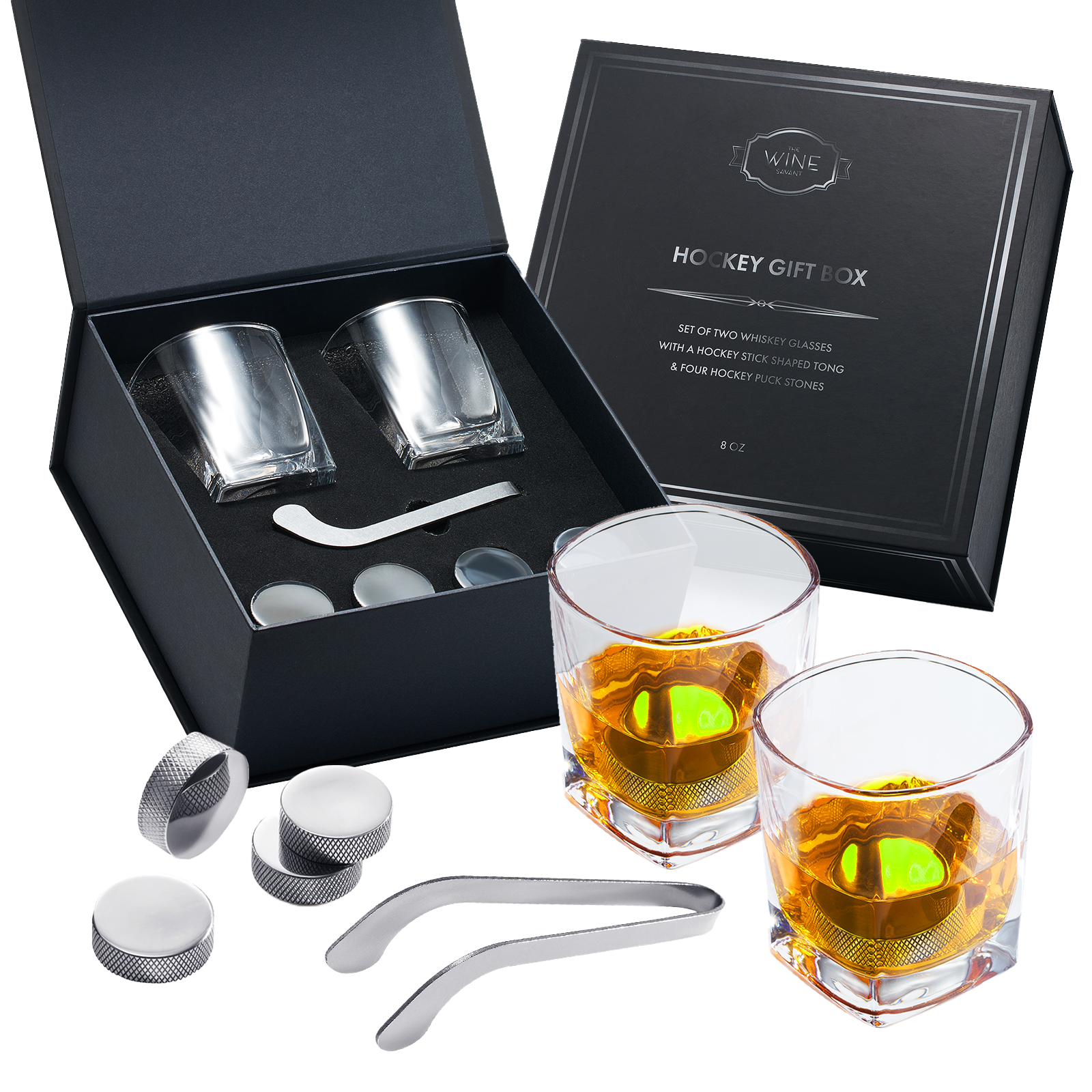 7-piece stainless steel hockey puck whiskey stones set with glasses and stick tongs