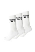 Three pack of black Reebok classic core crew socks featuring ribbed tops and brand logo details
