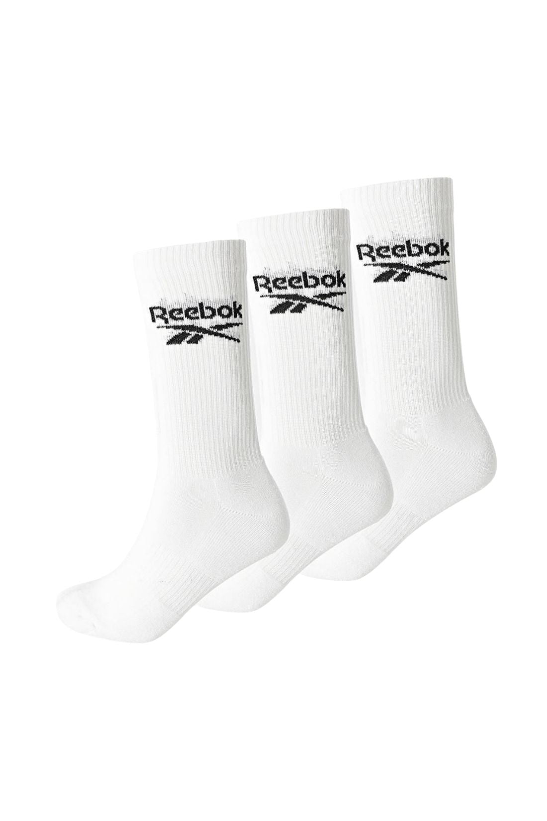 Three pack of black Reebok classic core crew socks featuring ribbed tops and brand logo details