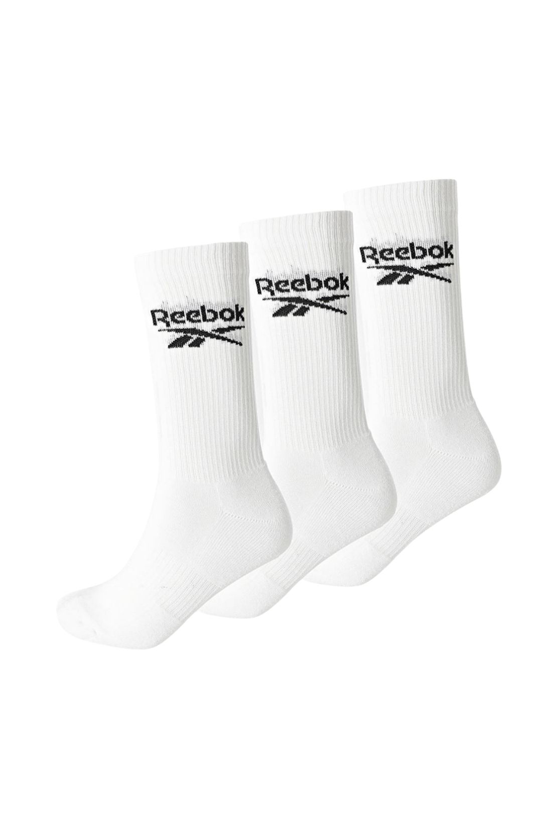 Three-pack of black Reebok classic core crew socks made from stretch cotton with ribbed tops