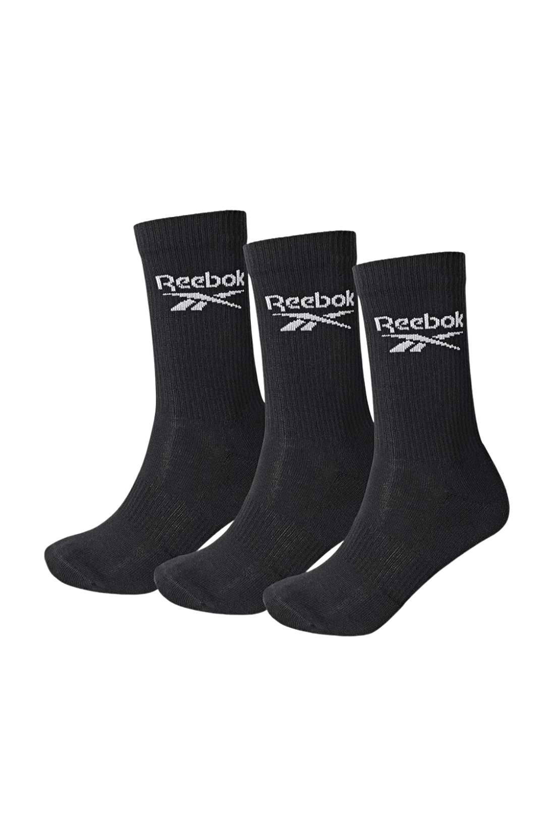 Three pack of black Reebok classic core crew socks featuring ribbed tops and brand logo details — view 25