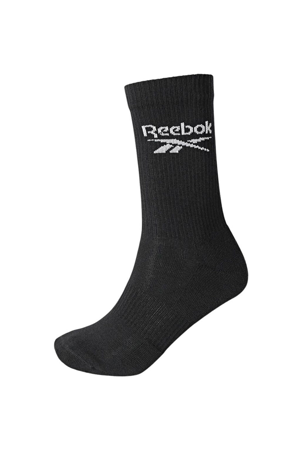 Three pack of black Reebok classic core crew socks featuring ribbed tops and brand logo details — view 24
