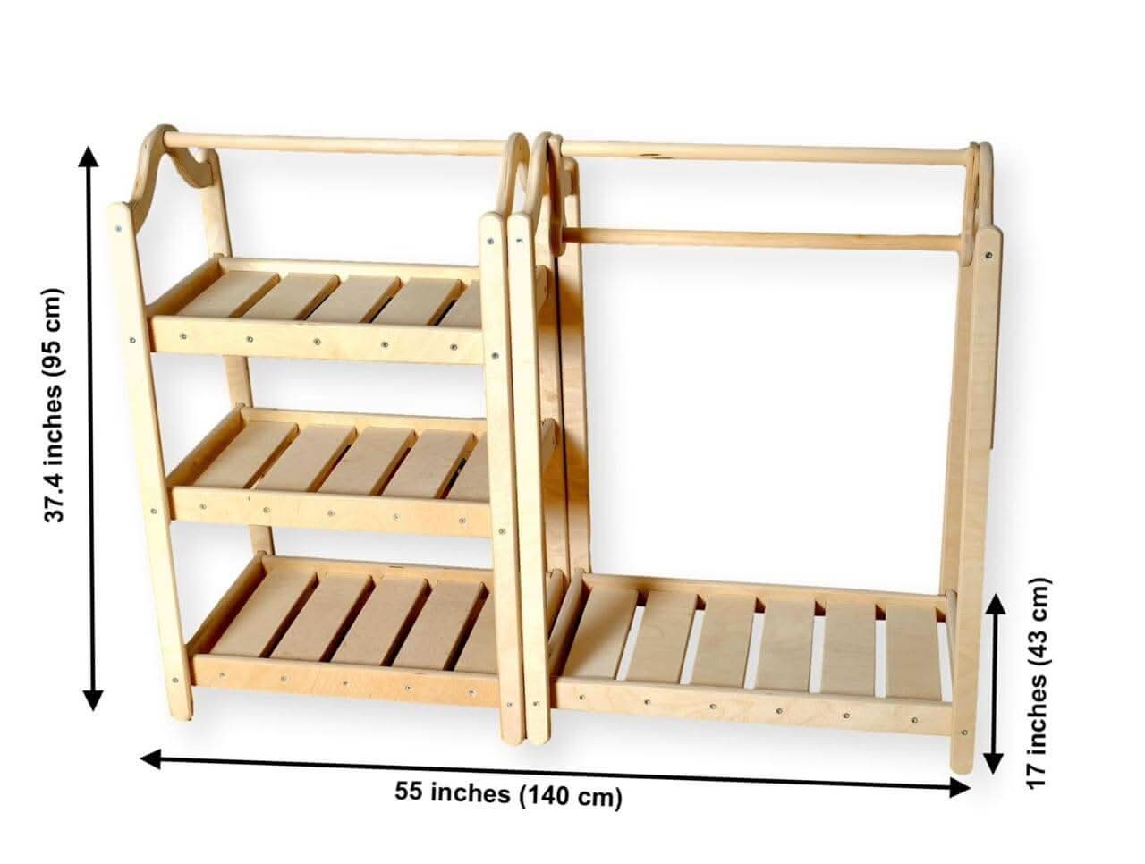 Montessori wooden wardrobe set and clothes rack made of natural birch wood for toddlers. — view 3