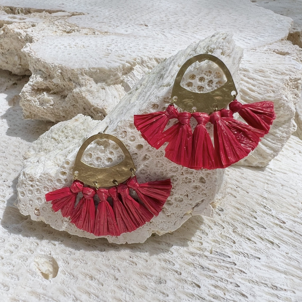 Red Raffia Fan Earrings-2