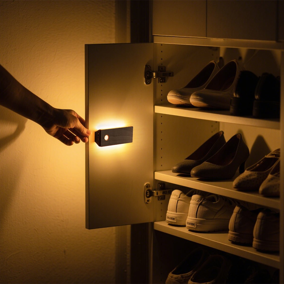 Rechargeable wooden wall night light with magnetic mount emitting a warm LED glow indoors — view 4
