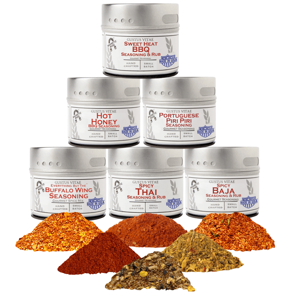 Red Hot Wings seasoning set featuring six magnetic tins of artisan spice and rub blends
