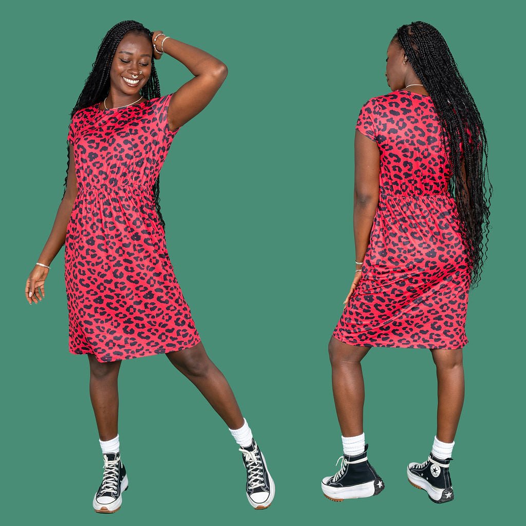 Knee length red leopard print breastfeeding dress with short sleeves and hidden nursing zips — view 2
