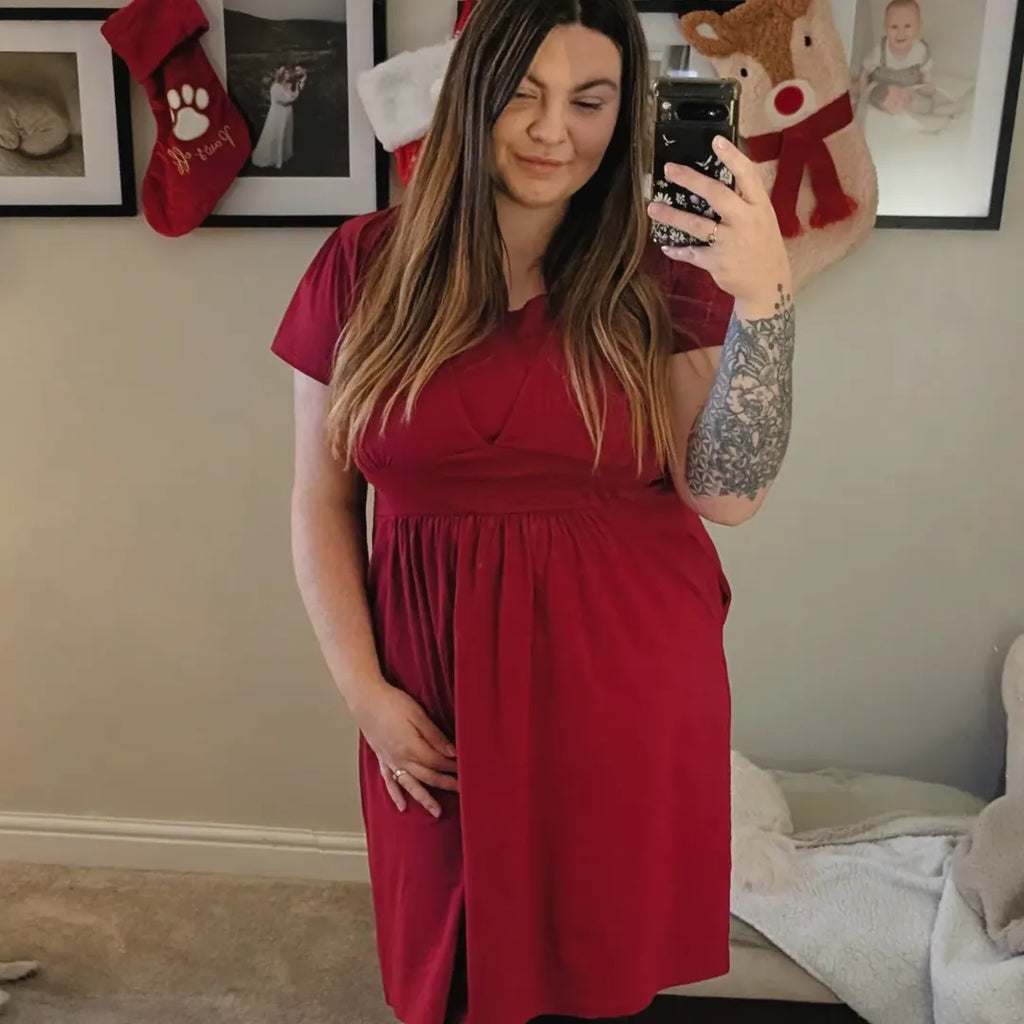 Burgundy red cotton breastfeeding dress with smock silhouette and hidden nursing panels — view 5