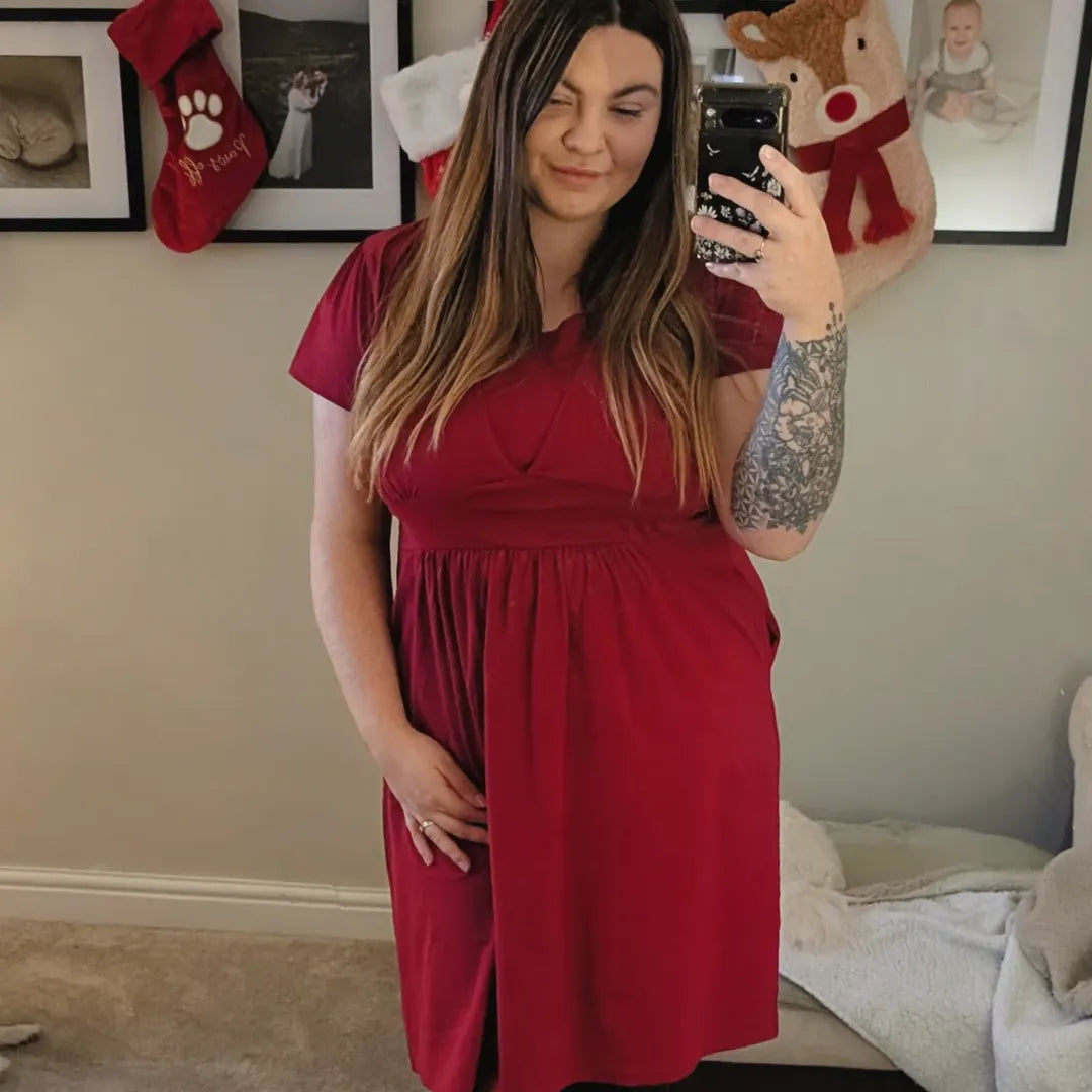 Burgundy red cotton breastfeeding dress with smock silhouette and hidden nursing panels — view 5