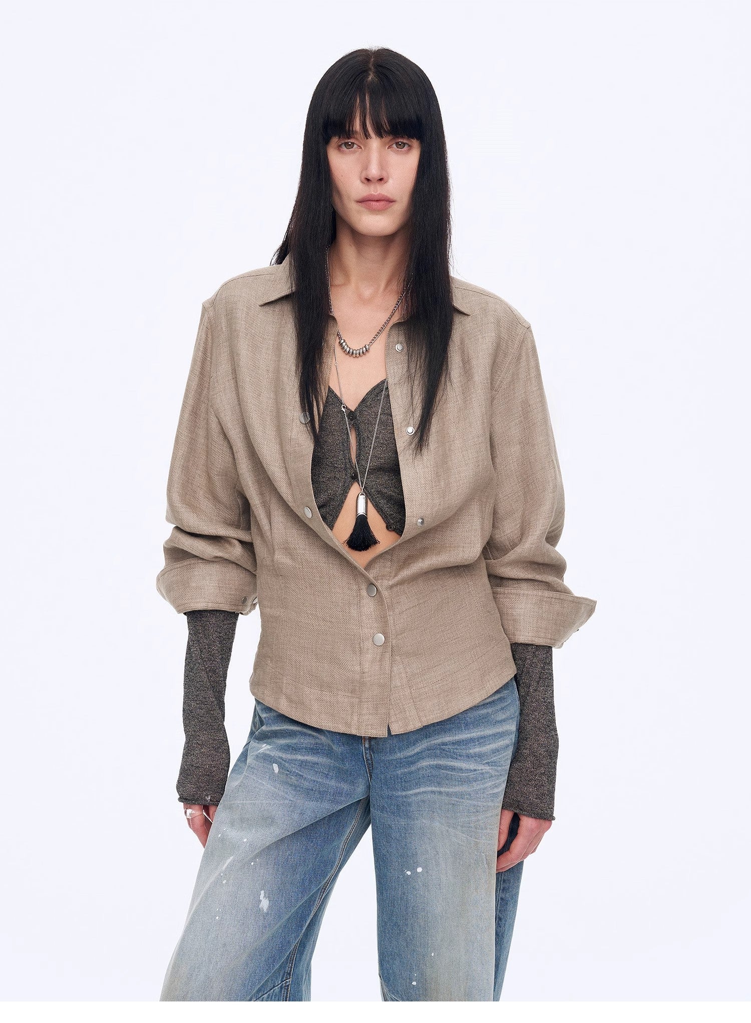Women's deconstructed blue linen twill blouse with waist pleats in an old money style — view 2