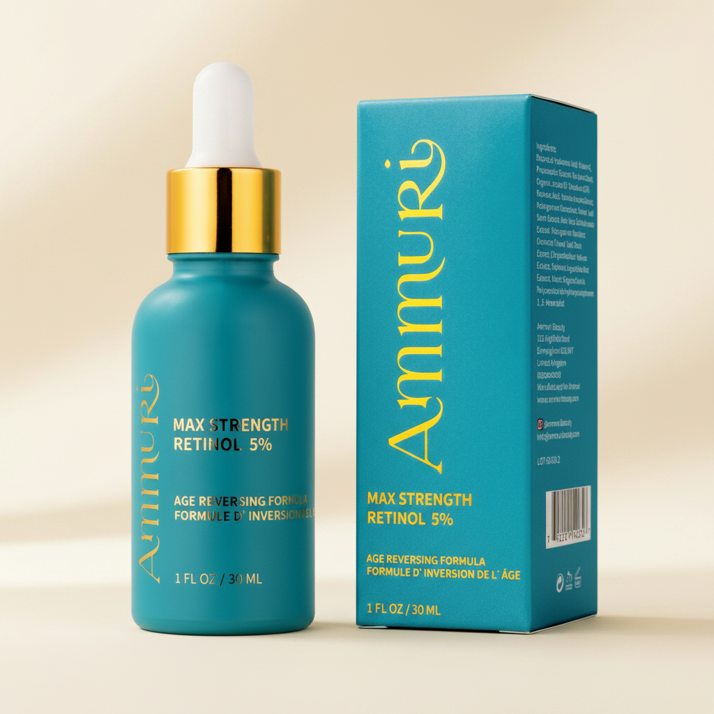 Ammuri Retinol MAX 5% anti-ageing face serum in a sleek dropper bottle for evening skincare