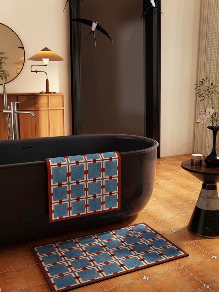 Retro geometry diatomite bath mat with bold geometric patterns and anti-slip absorbent stone surface