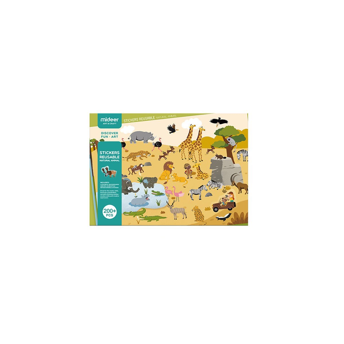 Reusable electrostatic animal sticker book with colorful decals and four themed paper scene board cards