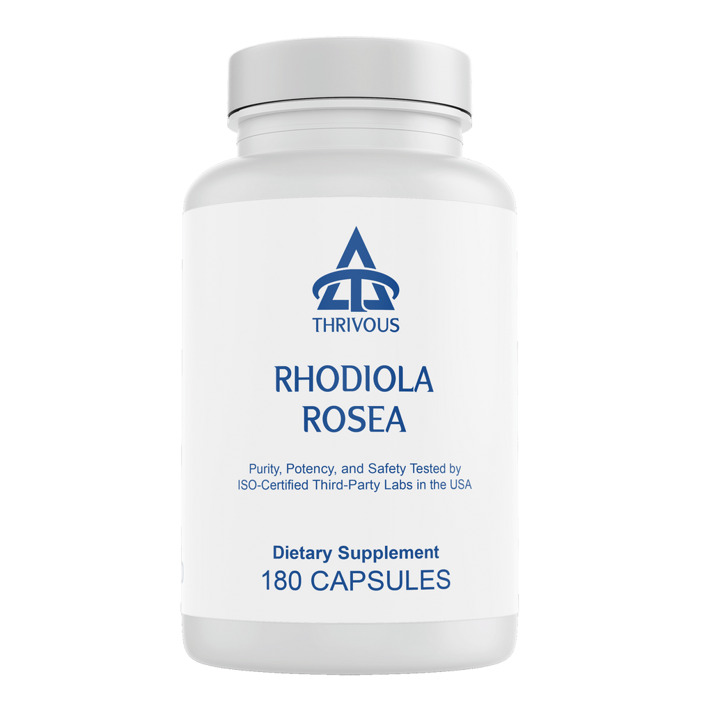 Rhodiola Rosea dietary supplement capsules in a plastic bottle displaying 180 count and standard dosage