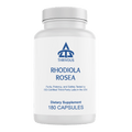 Rhodiola Rosea dietary supplement capsules in a plastic bottle displaying 180 count and standard dosage